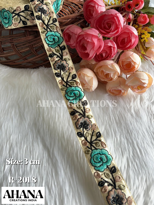 Sana Dupion Multicolor Lace - Beige base with Aqua blue floral thread work