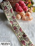 Lira Dupion Multicolor Lace - Beige base with Deep yellow floral thread work in color Wine