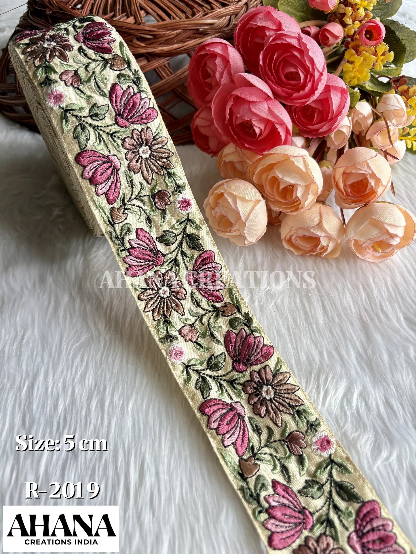 Lira Dupion Multicolor Lace - Beige base with Deep pink floral thread work
