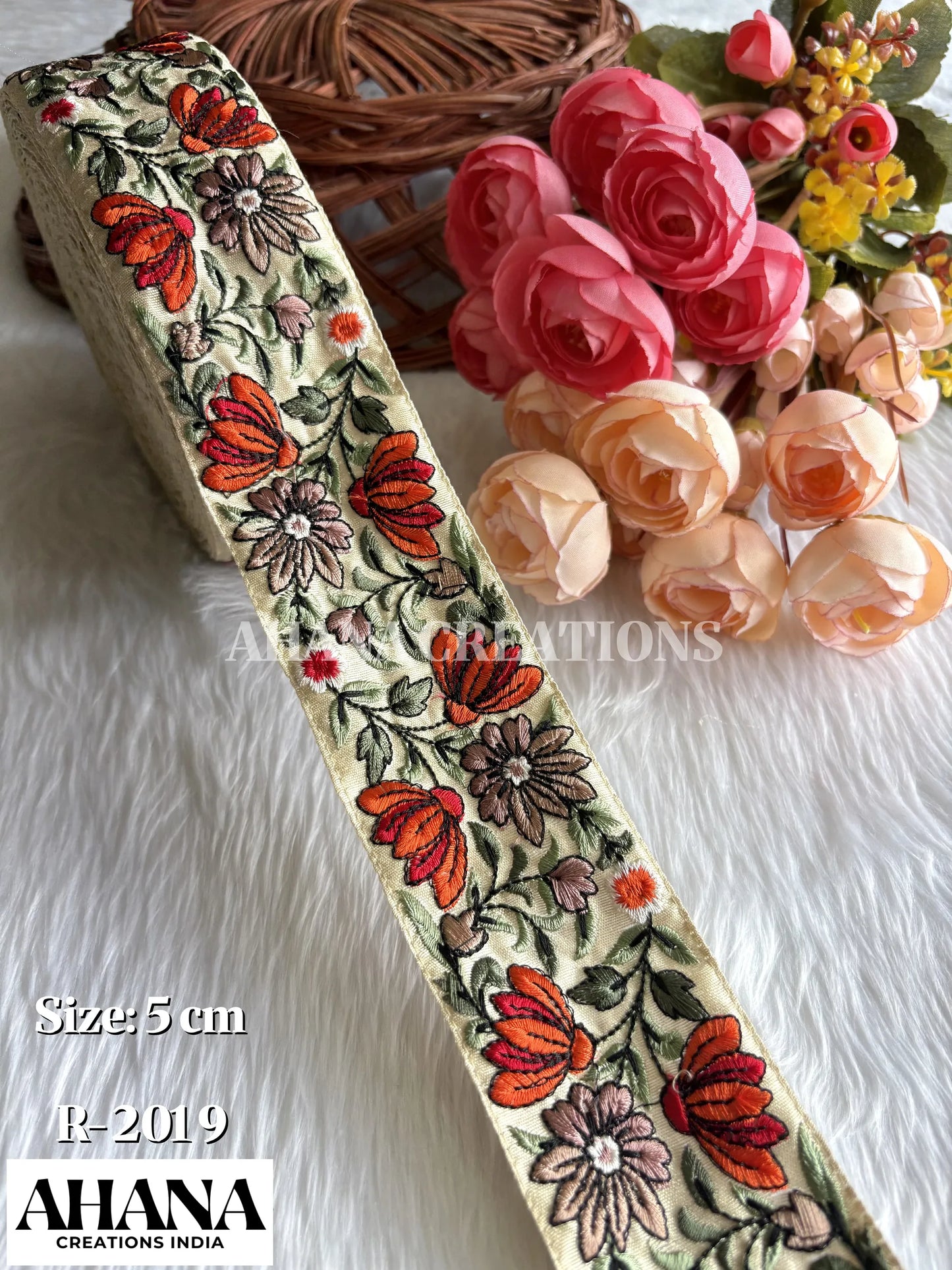 Lira Dupion Multicolor Lace - Beige base with Bright orange floral thread work