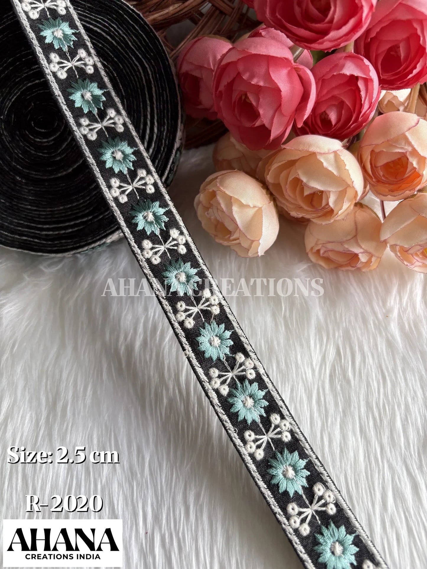 Siya Dupion Dual tone lace - Black base with Aqua floral and white thread work