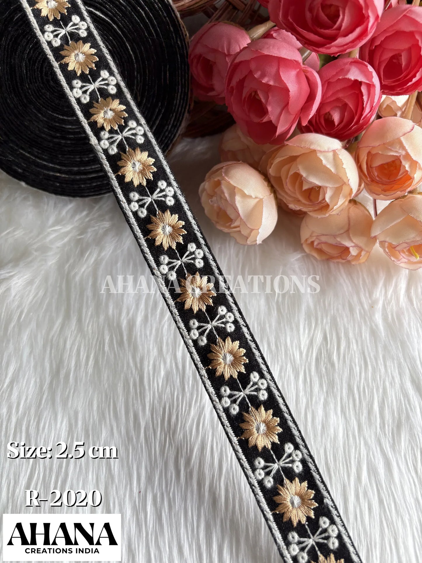 Siya Dupion Dual tone lace - Black base with Mustard floral and white thread work