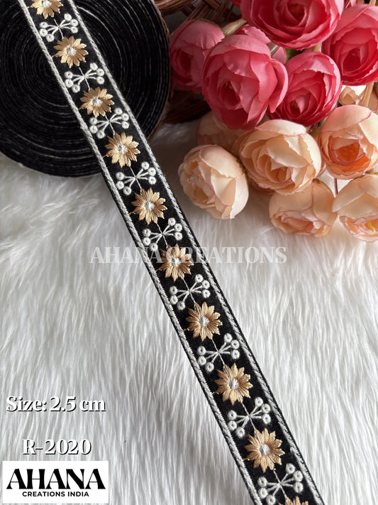 Siya Dupion Dual tone lace - Black base with Mustard floral and white thread work