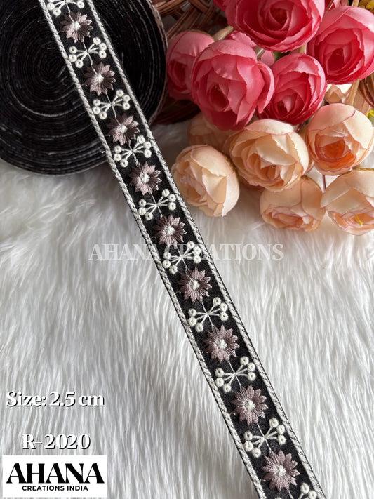 Siya Dupion Dual tone lace - Black base with Dusty Brown floral and white thread work