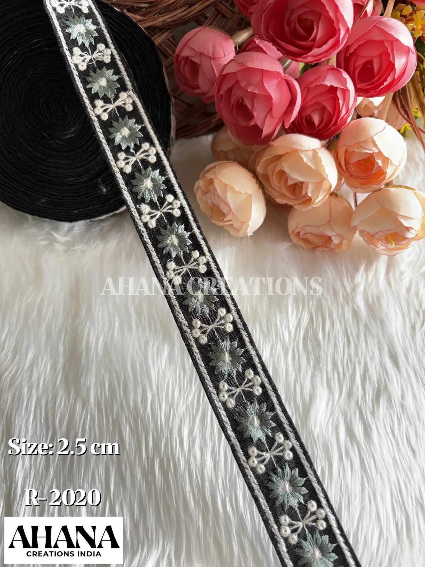 Siya Dupion Dual tone lace - Black base with Grey floral and white thread work