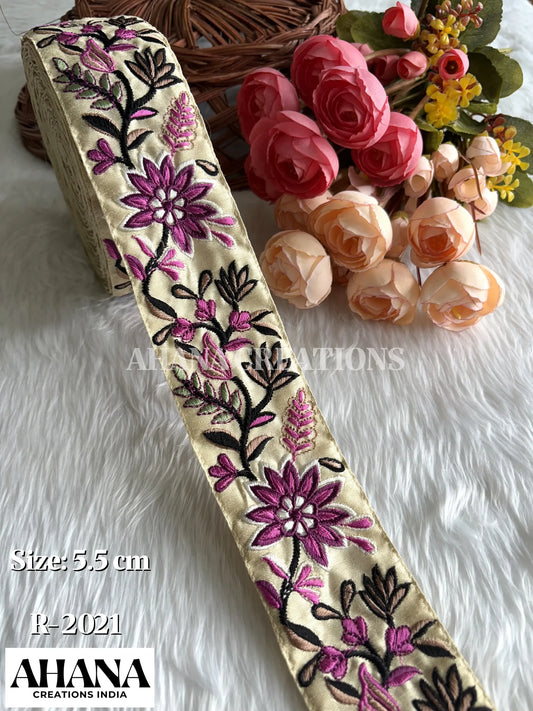 Yara Dupion Multicolor Lace - Beige base with Maroon highlighted floral pattern