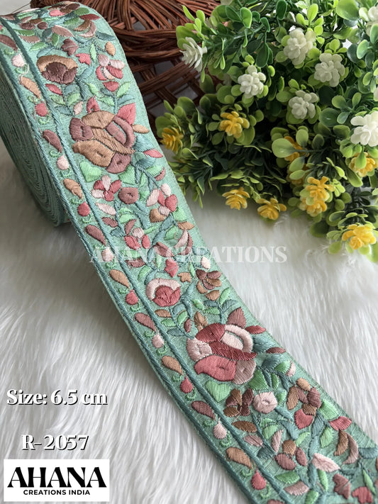 Nira Dupion Multicolor Lace - Sea Green base with Multi thread floral work