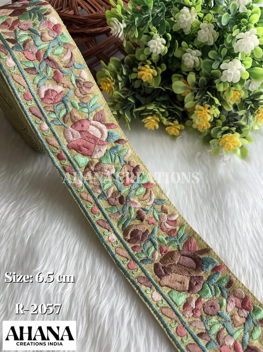 Nira Dupion Multicolor Lace - Chutney Green base with Multi thread floral work