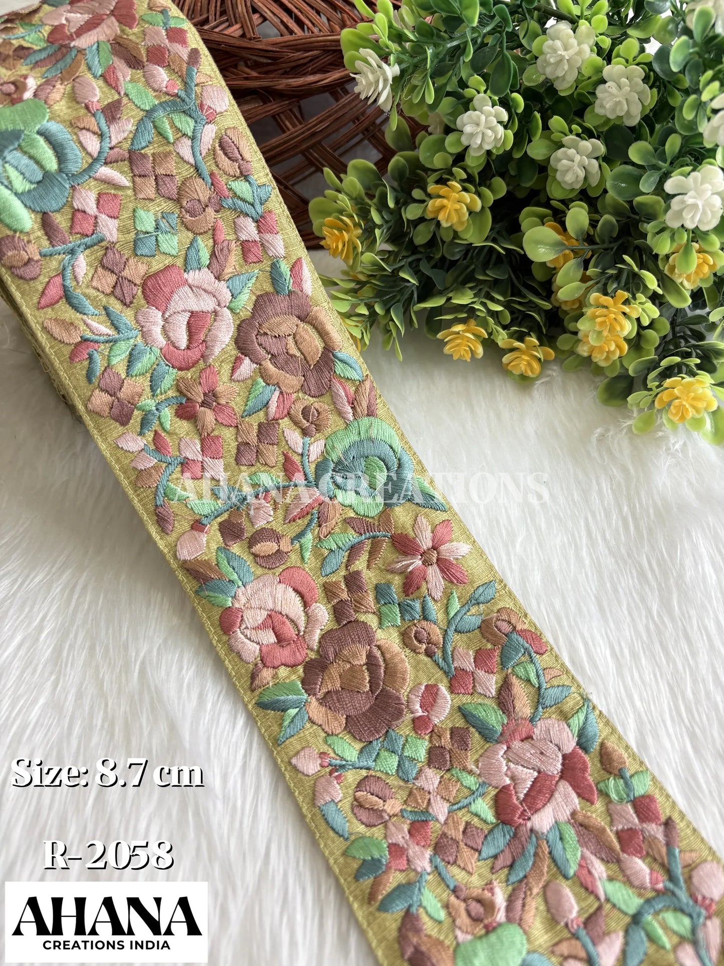 Kiya Dupion Multicolor Lace - Chutney Green base with Multi thread floral work