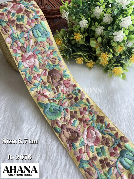 Kiya Dupion Multicolor Lace - Light yellow base with Multi thread floral work