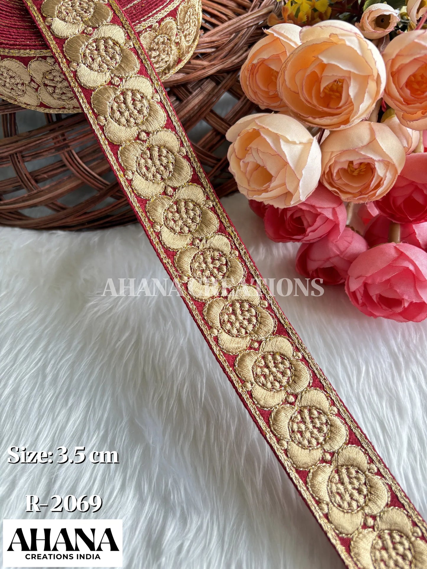 Esha Slub Zari Lace - Red base with Golden geometrical work